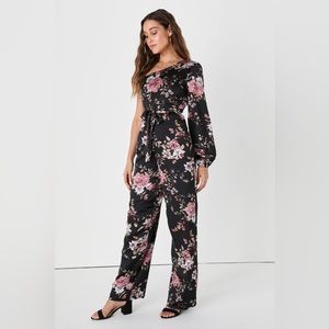 🆕WT LuLu’s Made for Attention Black Satin Floral One-Shoulder Jumpsuit, M. 🌸
